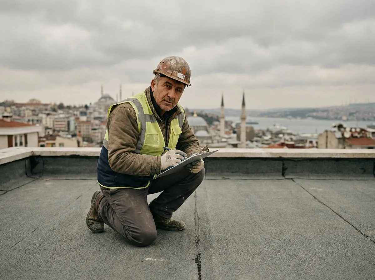 Expert inspecting rooftop waterproofing
