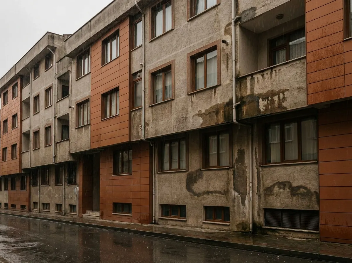 Cephesinde su hasarı izleri bulunan apartman